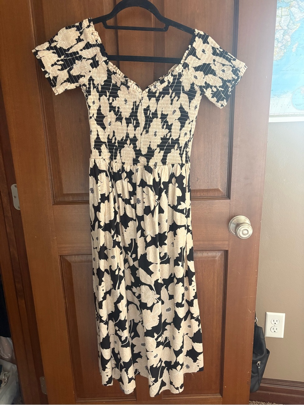 H&M Black and Beige Floral Maxi Dress - Smocked V-Neck